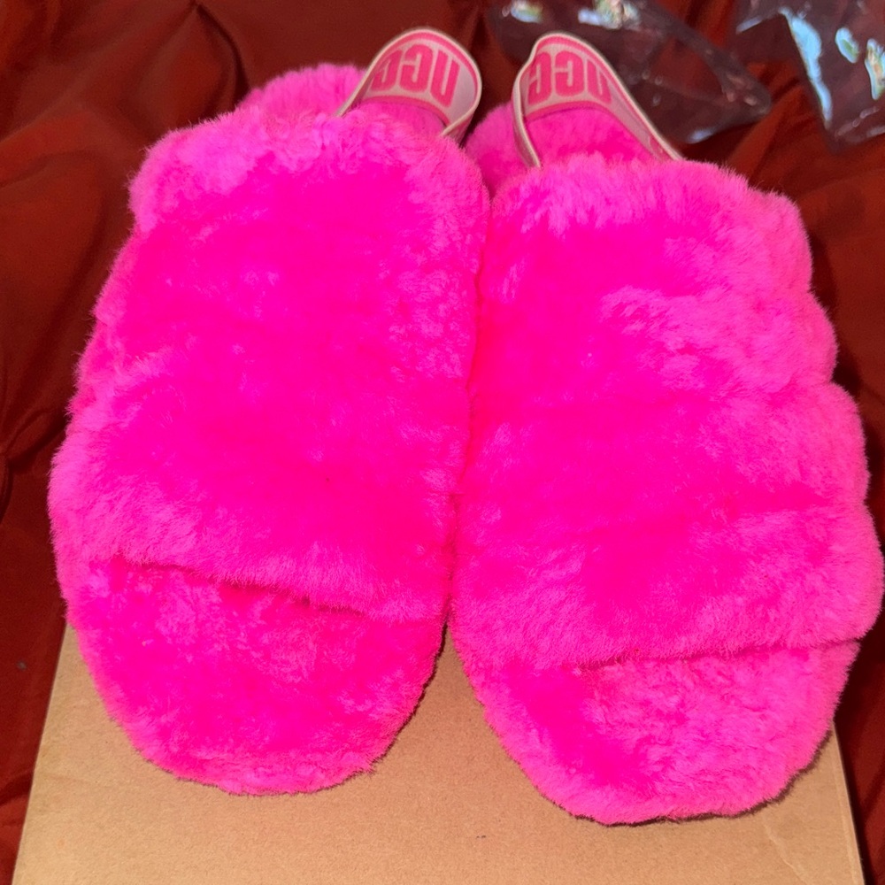 UGG Neon Pink Fluffy Slippers